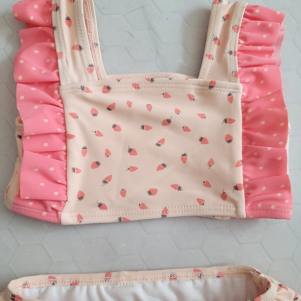 Jessica‎ Simpson 3-6 Months Pink Ruffle Strawberry Bikini Swimsuit Summer Fruit